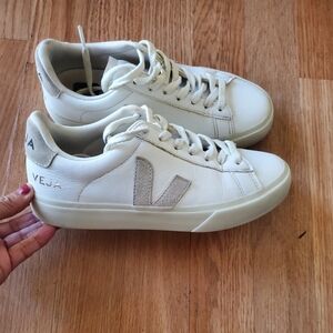 Veja Off-White Leather Low-Top Sneakers with Light Gray Suede V, Womans Size 5